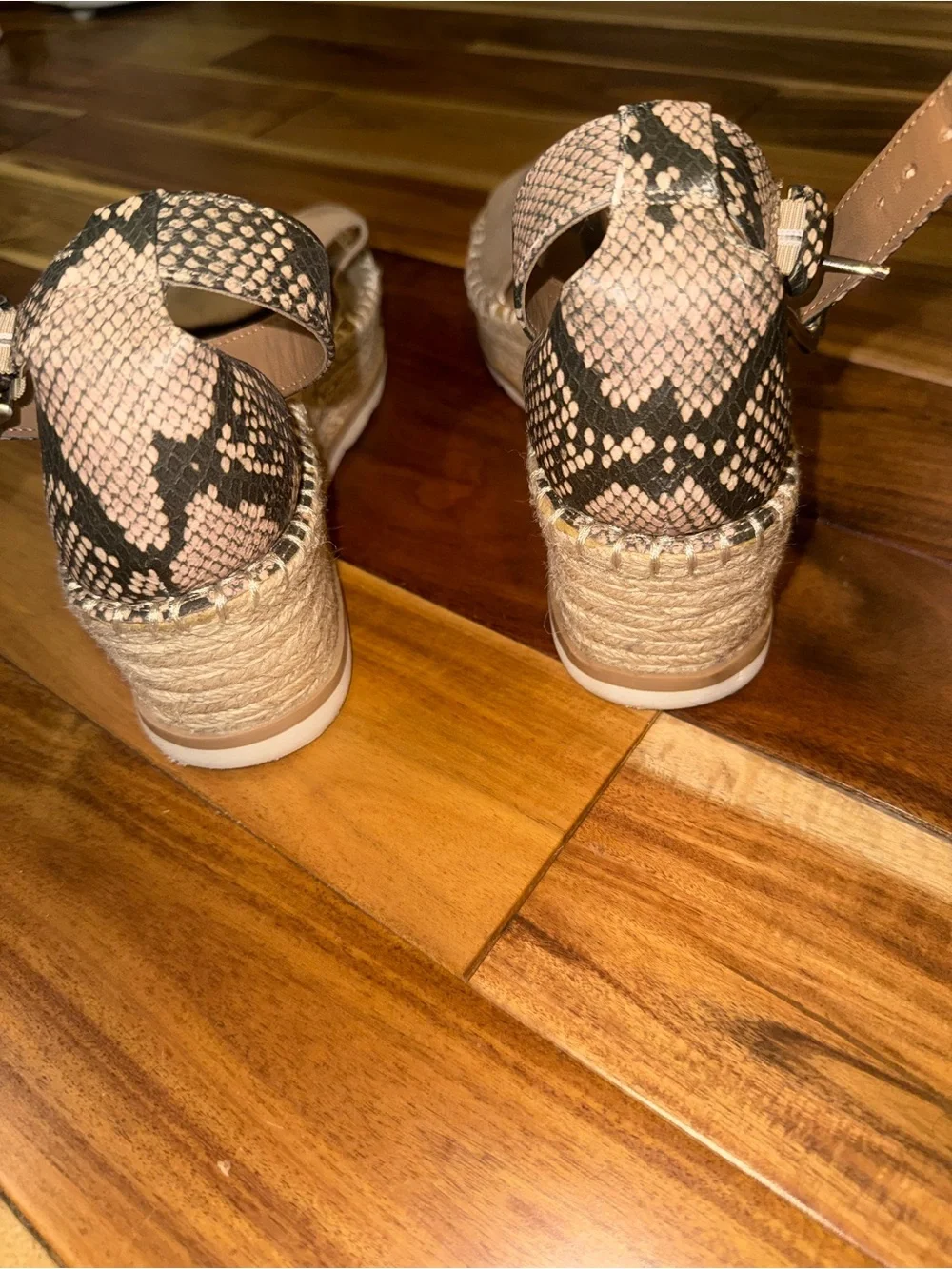 Women’s Tan Espadrille Platform Sandals with snake like print Ankle Strap
